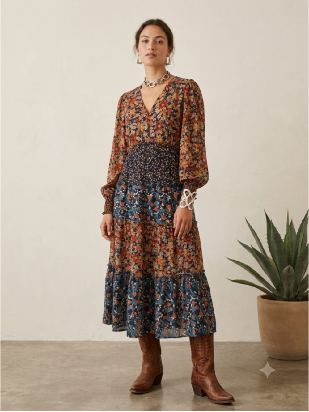 Umgee Boho Mixed Floral Maxi Dress S Smocked Waist Long Sleeve Metallic Thread
